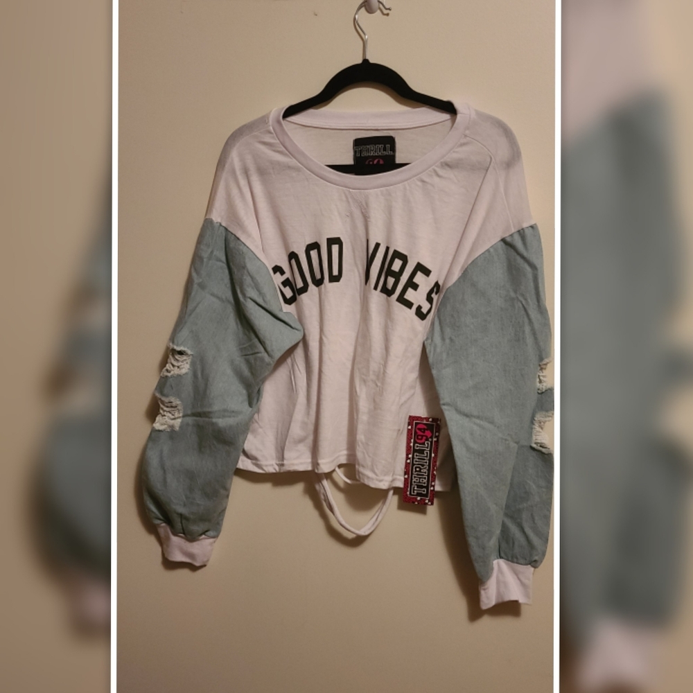 NWT good vibes denim destroyed blouse